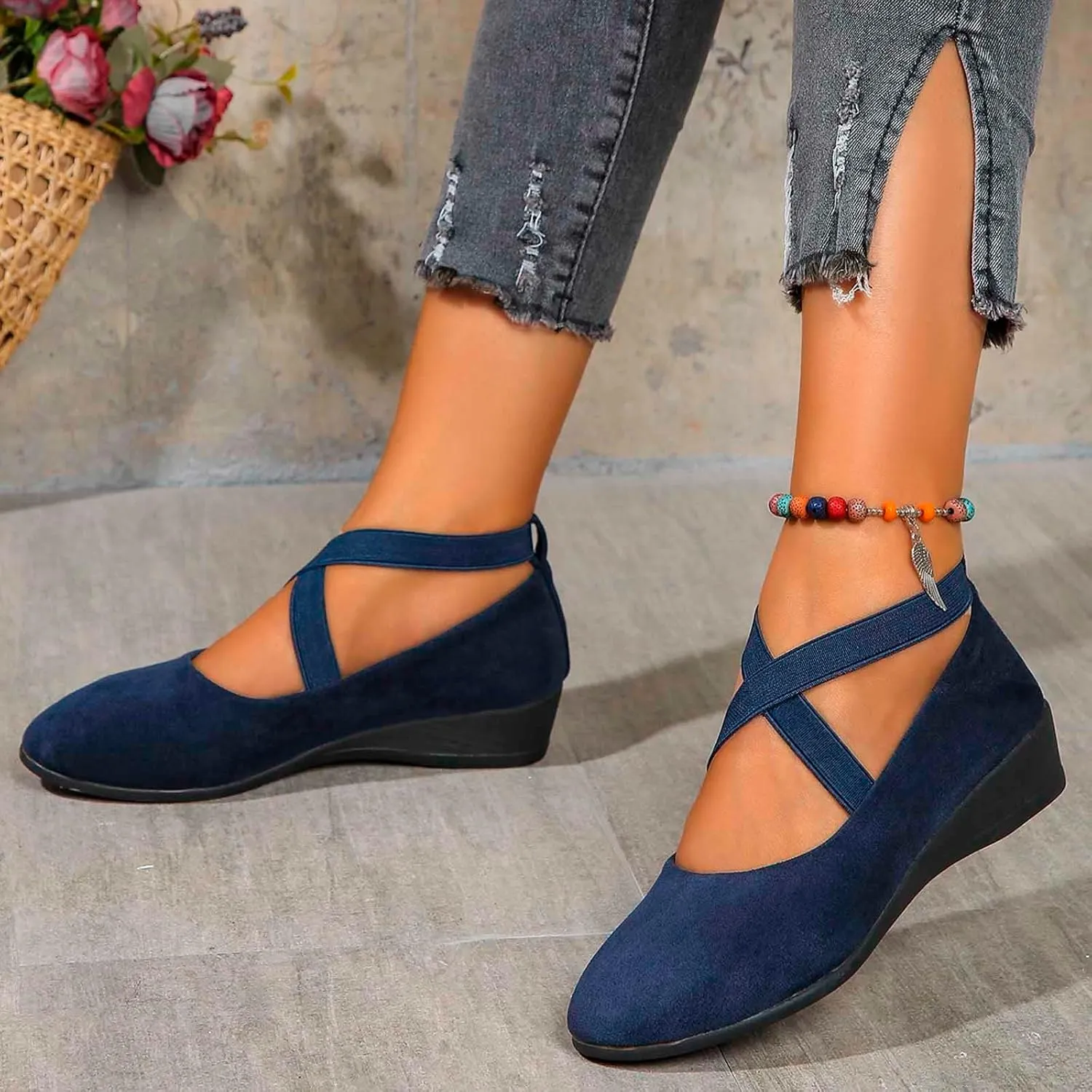 Women's Comfortable Fashion Elastic Ankle Straps Flats Shoes Pull-On Criss-Cross Ballet Girls Dress Toddler Little Gracy Mary Jane Ballerina Style Closed Toe Casual Flat with Strap