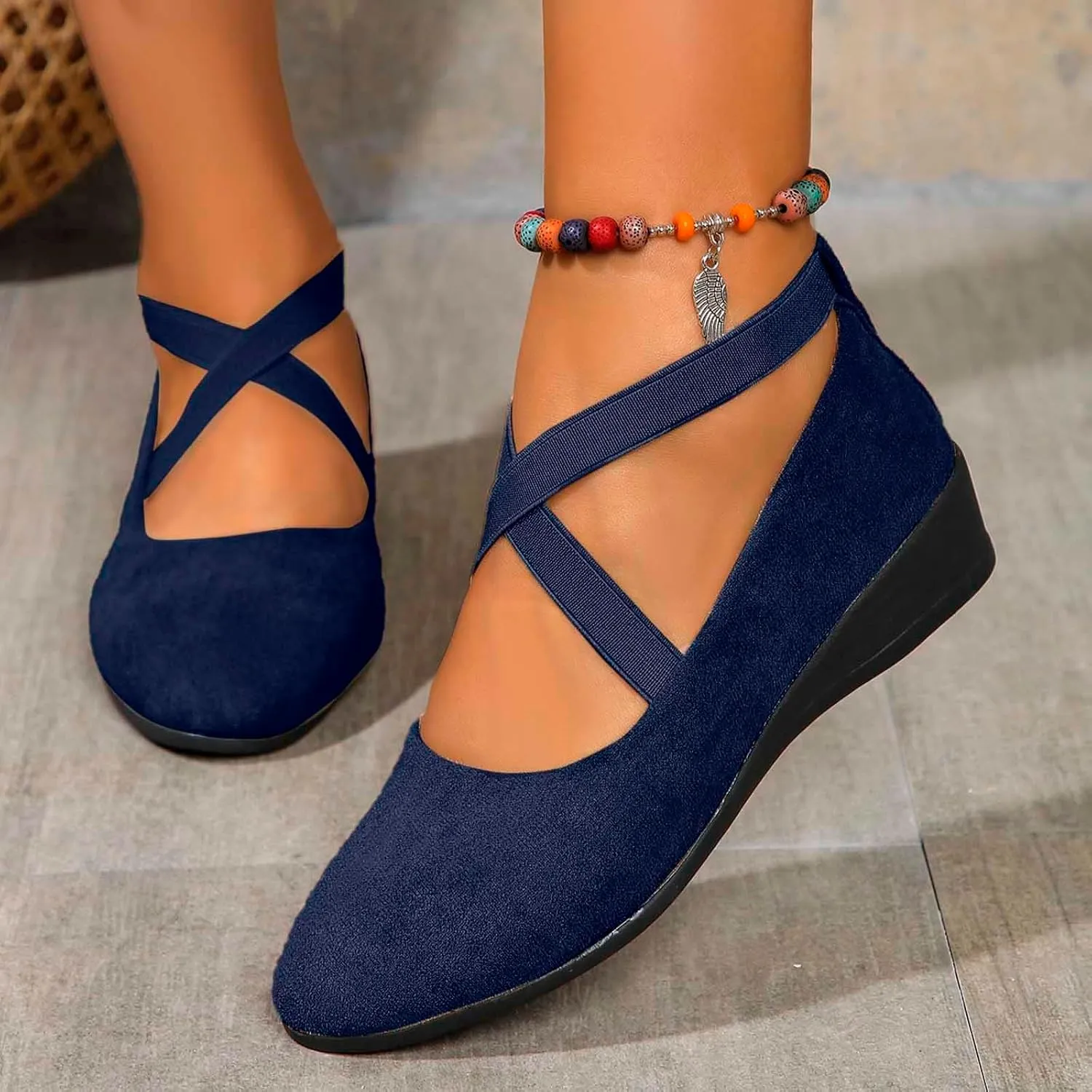 Women's Comfortable Fashion Elastic Ankle Straps Flats Shoes Pull-On Criss-Cross Ballet Girls Dress Toddler Little Gracy Mary Jane Ballerina Style Closed Toe Casual Flat with Strap