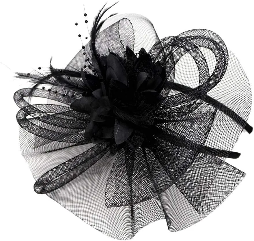Women's Fascinators Hat Women Tea Part Headband Flower ocktail Mesh Feathers Hair Clip Derb Hat (Black, One Size)