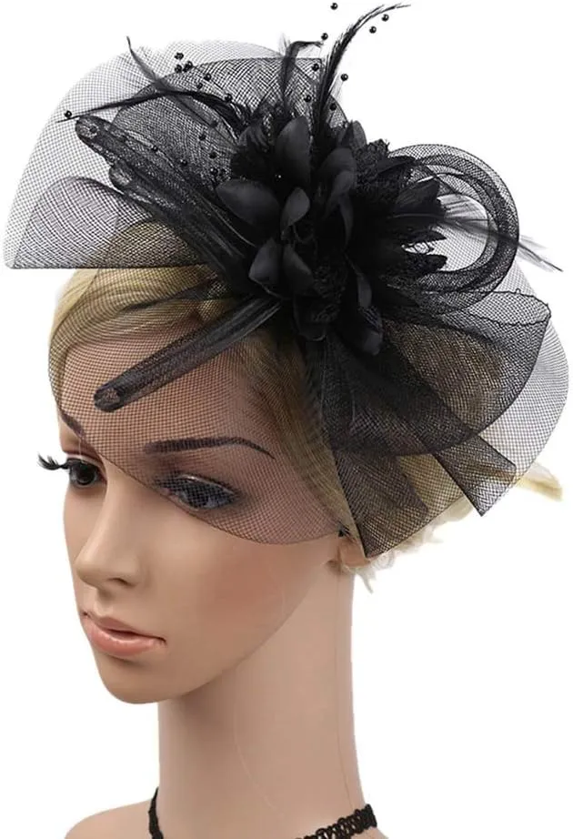Women's Fascinators Hat Women Tea Part Headband Flower ocktail Mesh Feathers Hair Clip Derb Hat (Black, One Size)