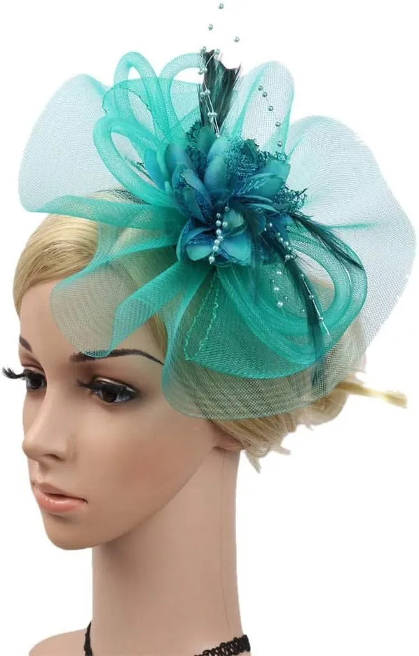 Women's Fascinators Hat Women Tea Part Headband Flower ocktail Mesh Feathers Hair Clip Derb Hat (Blue, One Size)