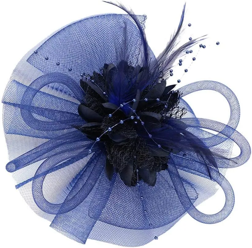 Women's Fascinators Hat Women Tea Part Headband Flower ocktail Mesh Feathers Hair Clip Derb Hat (Navy, One Size)