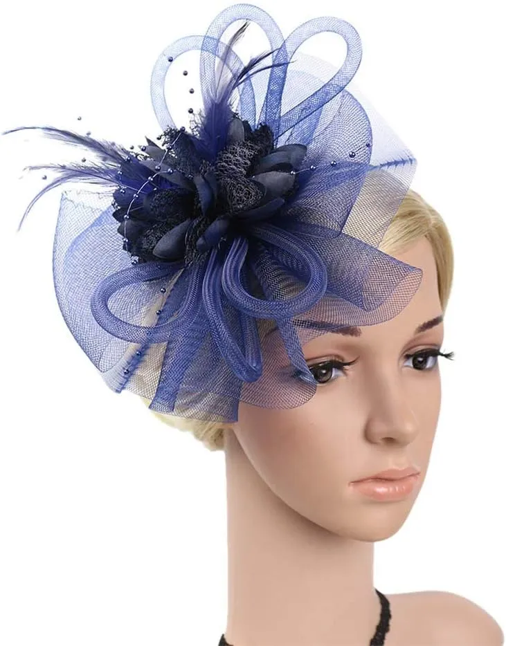 Women's Fascinators Hat Women Tea Part Headband Flower ocktail Mesh Feathers Hair Clip Derb Hat (Navy, One Size)
