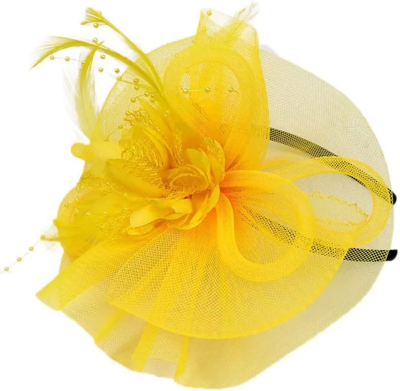 Women's Fascinators Hat Women Tea Part Headband Flower ocktail Mesh Feathers Hair Clip Derb Hat (Yellow, One Size)