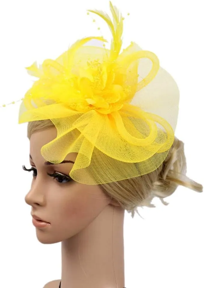 Women's Fascinators Hat Women Tea Part Headband Flower ocktail Mesh Feathers Hair Clip Derb Hat (Yellow, One Size)