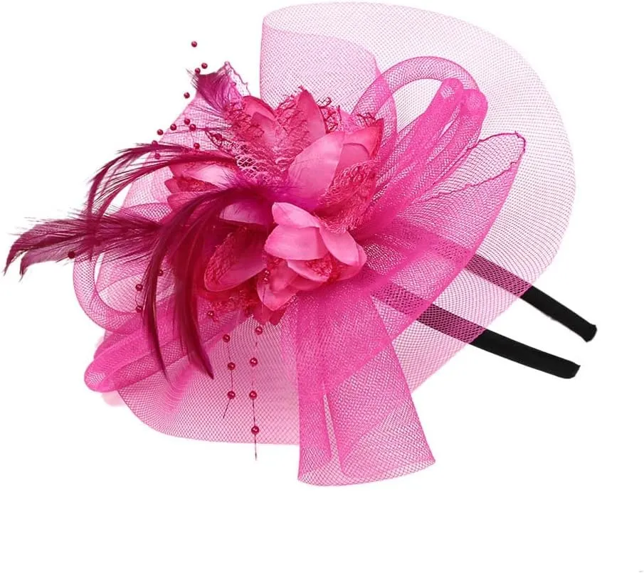 Women's Fascinators Hat Women Tea Part Headband Flower ocktail Mesh Feathers Hair Clip Derb (Hot Pink, One Size)
