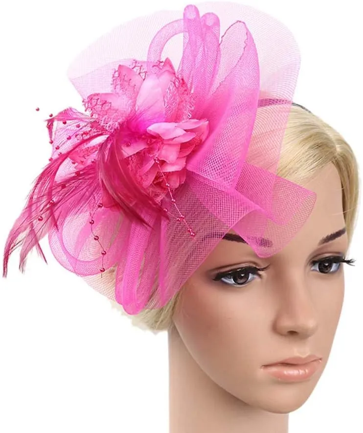 Women's Fascinators Hat Women Tea Part Headband Flower ocktail Mesh Feathers Hair Clip Derb (Hot Pink, One Size)
