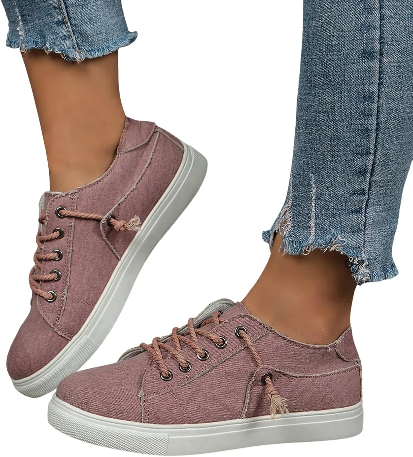 Women's Fashion Sneakers Slip On,Flat Bottom Canvas Shoes Round Toe Casual Walking Shoes Stylish Lace Up Single Shoes