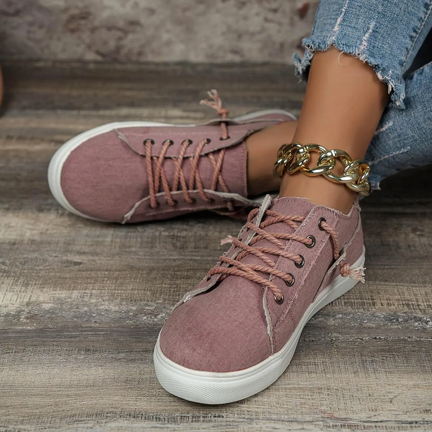 Women's Fashion Sneakers Slip On,Flat Bottom Canvas Shoes Round Toe Casual Walking Shoes Stylish Lace Up Single Shoes