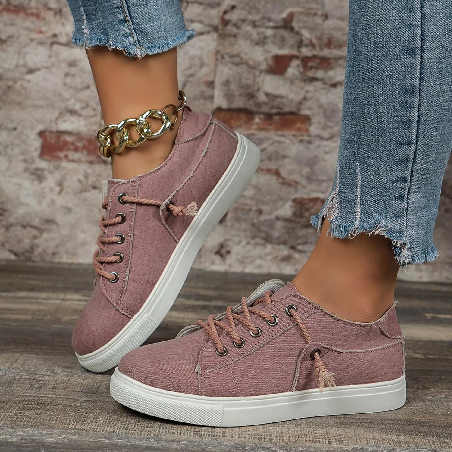 Women's Fashion Sneakers Slip On,Flat Bottom Canvas Shoes Round Toe Casual Walking Shoes Stylish Lace Up Single Shoes