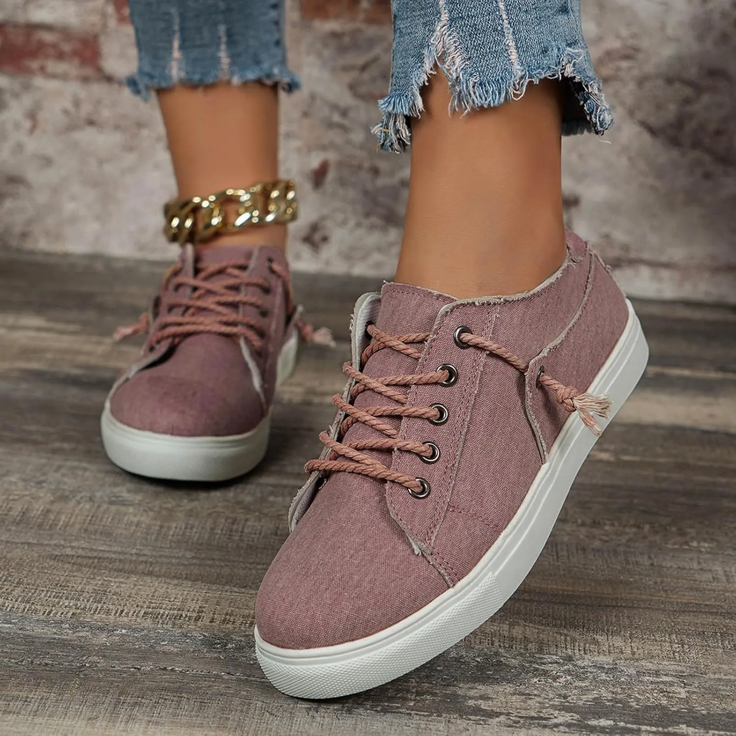 Women's Fashion Sneakers Slip On,Flat Bottom Canvas Shoes Round Toe Casual Walking Shoes Stylish Lace Up Single Shoes