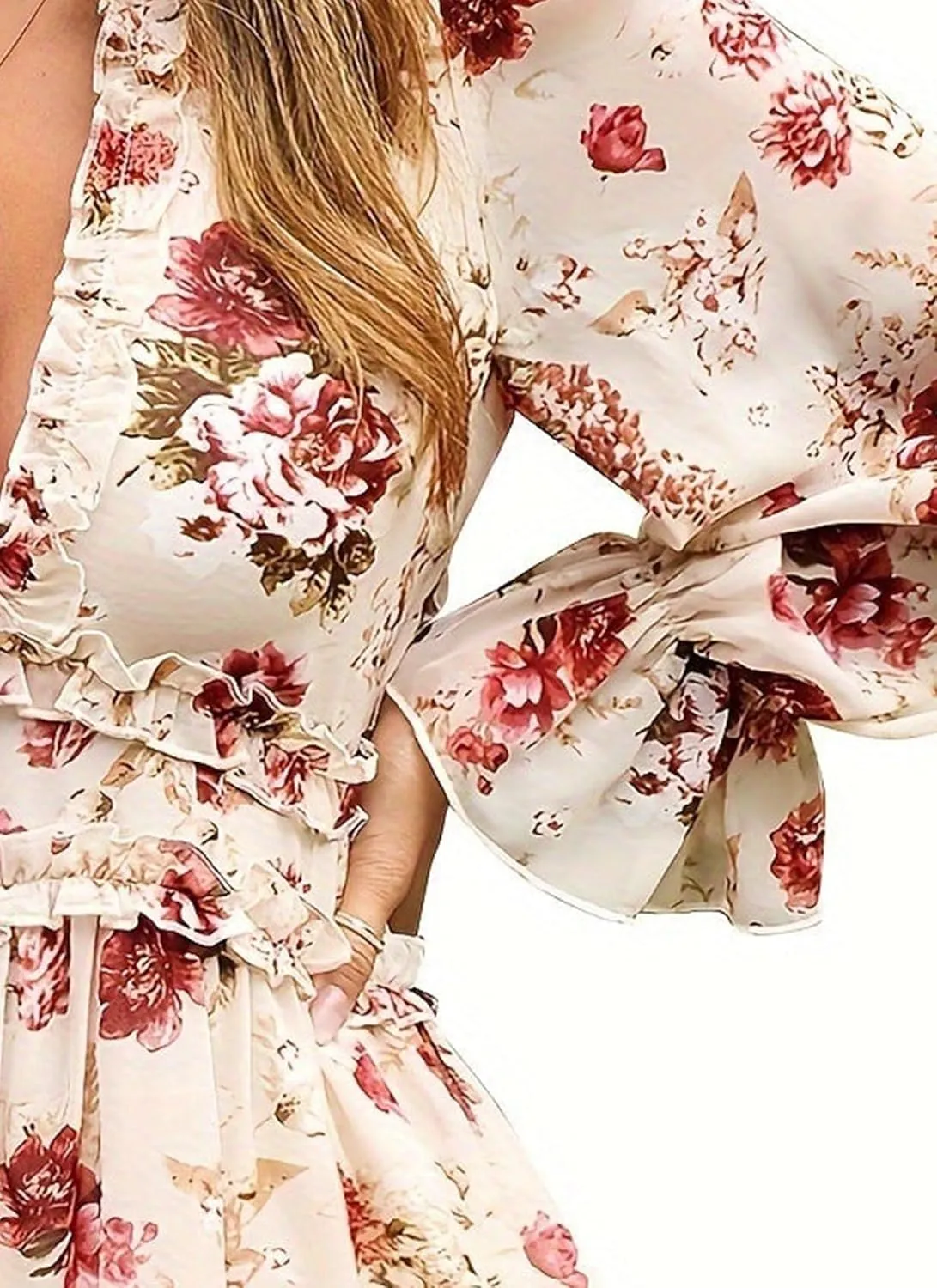 Women's Floral Deep V Neck Long Sleeve Backless Flowy A-Line Ruffle Boho Mini Dress 2025 Spring Summer Dresses