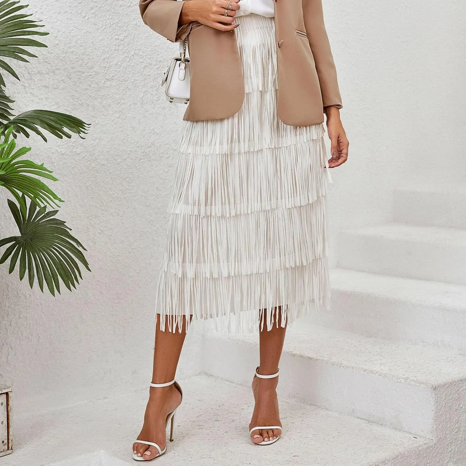 Women's High Waist Fringe Tiered Bodycon Pencil Midi Skirt Fashion Night-Out Party Daily Skirts