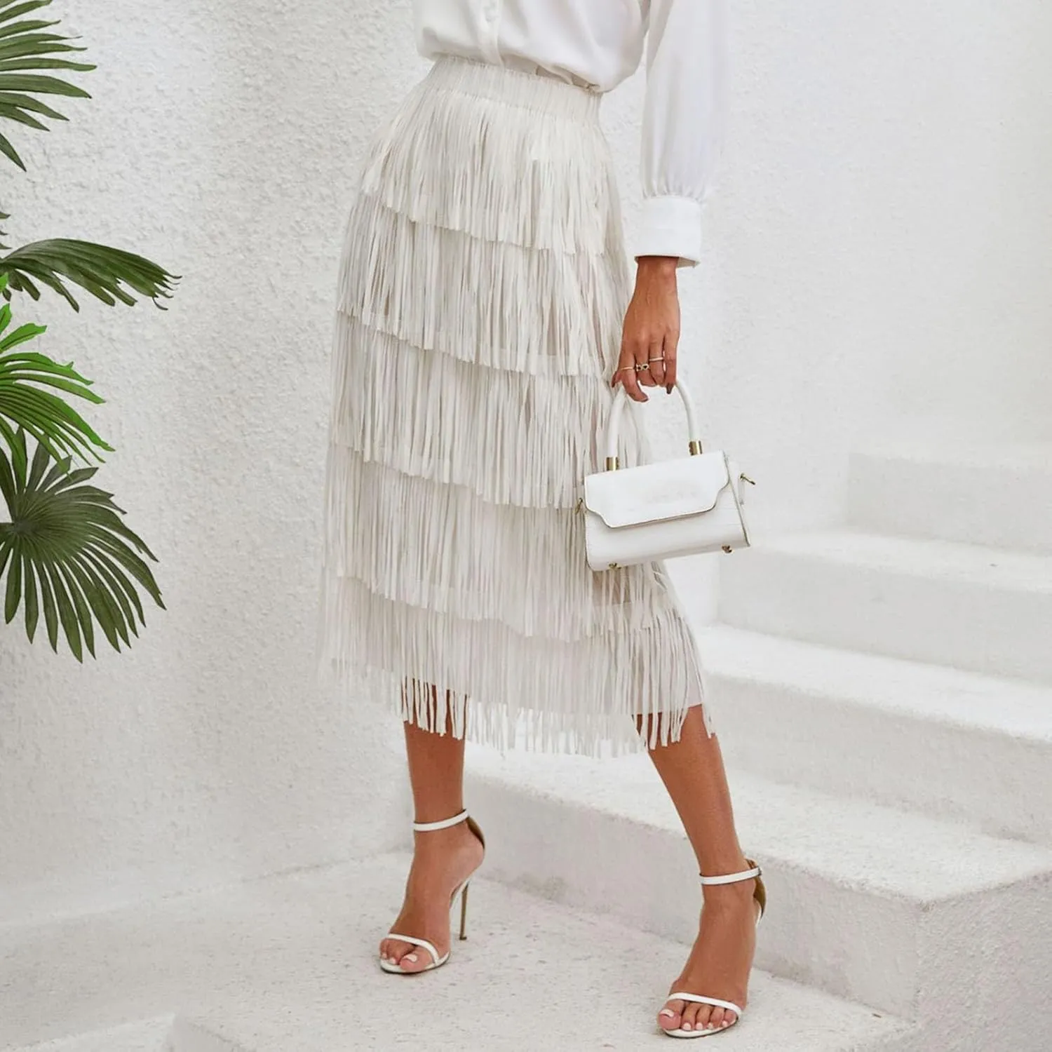Women's High Waist Fringe Tiered Bodycon Pencil Midi Skirt Fashion Night-Out Party Daily Skirts