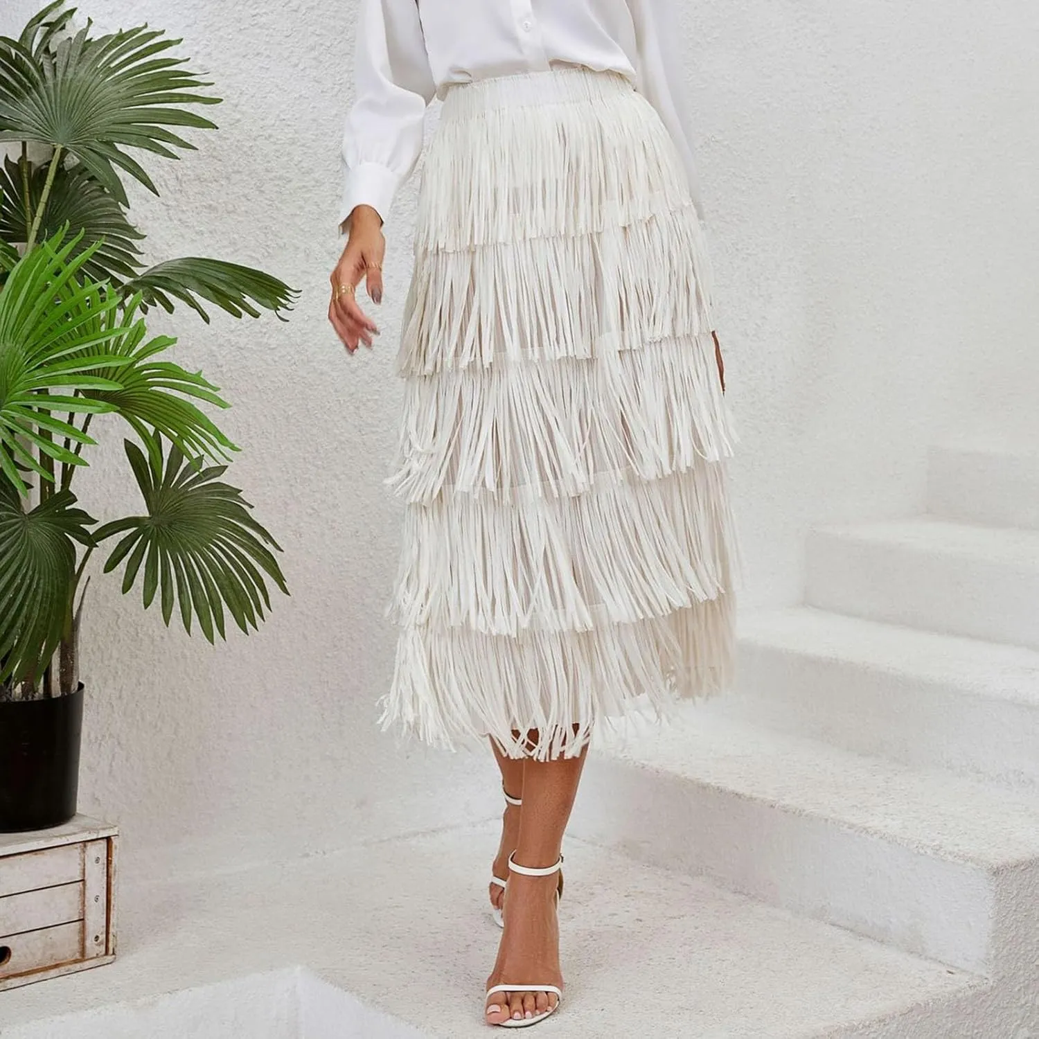 Women's High Waist Fringe Tiered Bodycon Pencil Midi Skirt Fashion Night-Out Party Daily Skirts