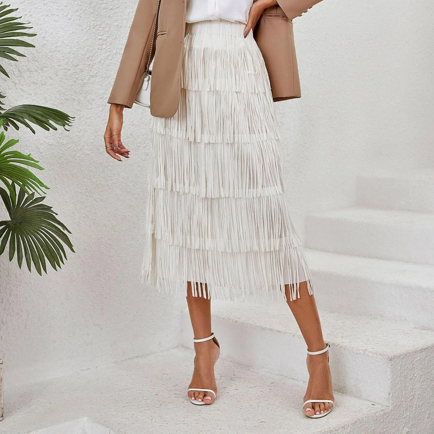 Women's High Waist Fringe Tiered Bodycon Pencil Midi Skirt Fashion Night-Out Party Daily Skirts