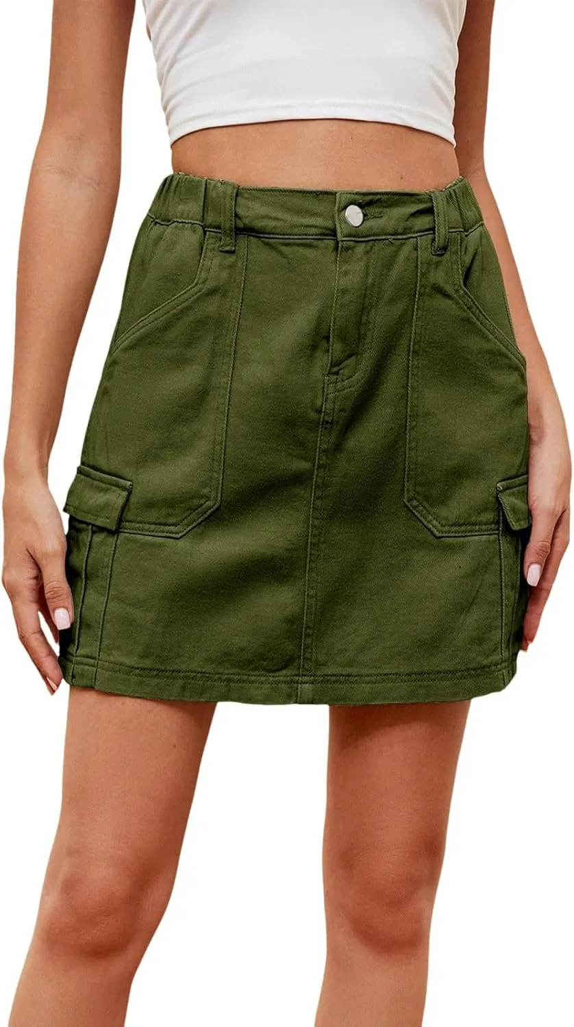 Women's High Waisted Cargo Mini Skirts Pocket Denim Skirt Pencil Skirt Stretchy Casual Skirt Pocket Skirt Short