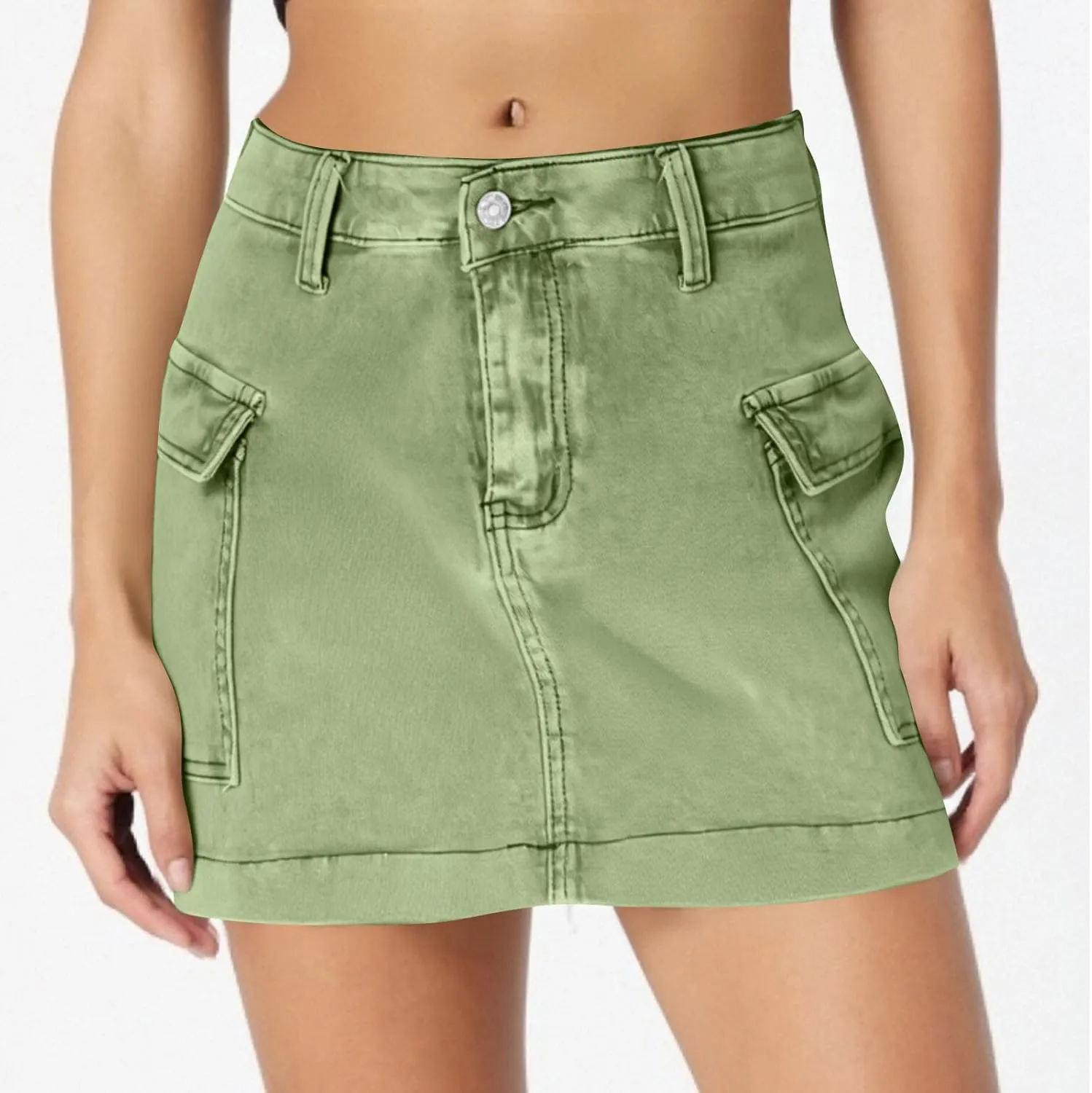 Women's Jean Skirt High Waisted Stretch Casual Summer Mini Skort Trendy Low Waist Cargo Denim Skirts with Pockets
