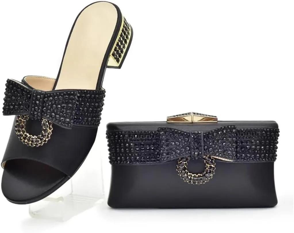 Women's Luxury Rhinestone Shoes and Bag Set Slip-On Slingbacks Round Toe Square Heel Low Heel Butterfly-Knot Party Wear