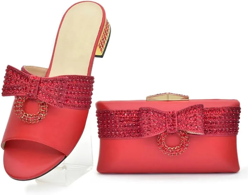 Women's Luxury Rhinestone Shoes and Bag Set Slip-On Slingbacks Round Toe Square Heel Low Heel Butterfly-Knot Party Wear