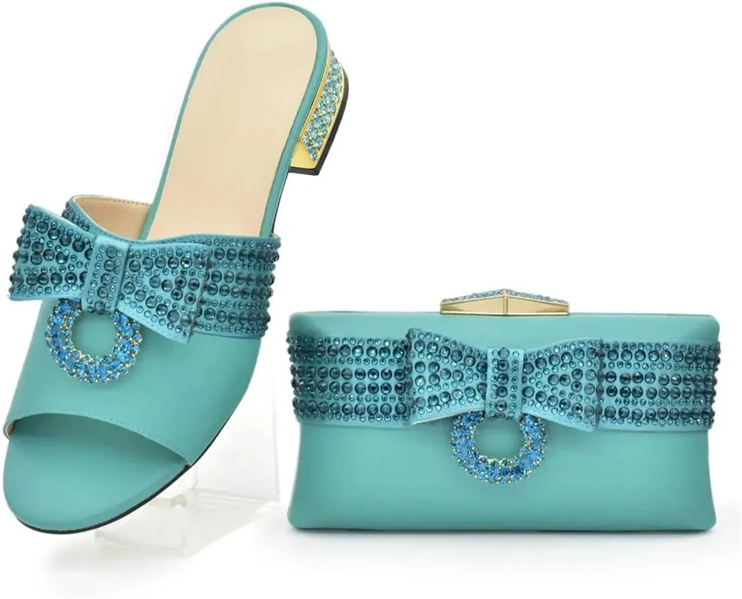 Women's Luxury Rhinestone Shoes and Bag Set Slip-On Slingbacks Round Toe Square Heel Low Heel Butterfly-Knot Party Wear