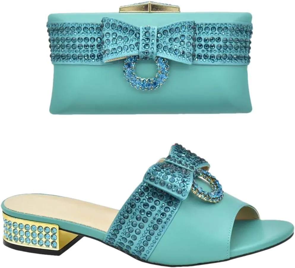 Women's Luxury Rhinestone Shoes and Bag Set Slip-On Slingbacks Round Toe Square Heel Low Heel Butterfly-Knot Party Wear