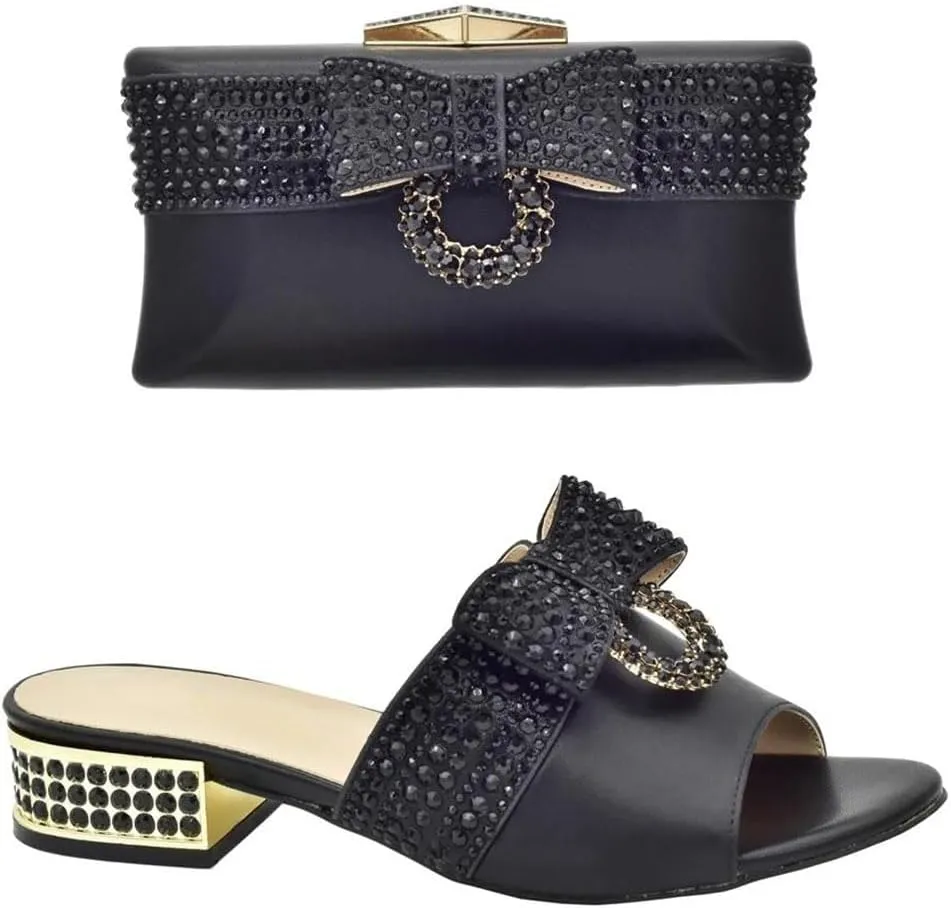Women's Luxury Rhinestone Shoes and Bag Set Slip-On Slingbacks Round Toe Square Heel Low Heel Butterfly-Knot Party Wear