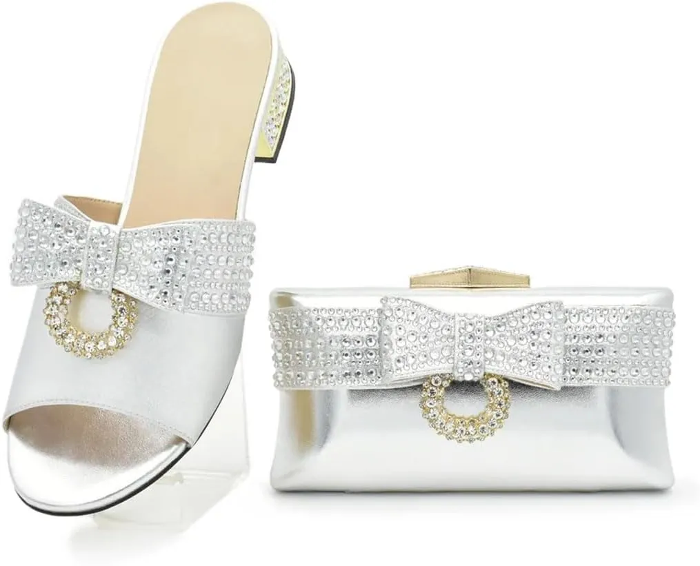Women's Luxury Rhinestone Shoes and Bag Set Slip-On Slingbacks Round Toe Square Heel Low Heel Butterfly-Knot Party Wear