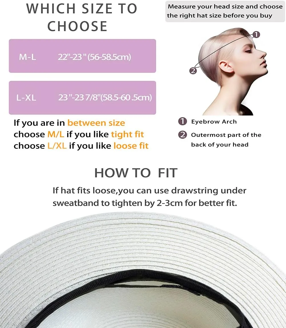 Womens Mens Wide Brim Straw Panama Hat Fedora Summer Beach Sun Hat Straw Hat Teardrop Crown with Ribbon Band