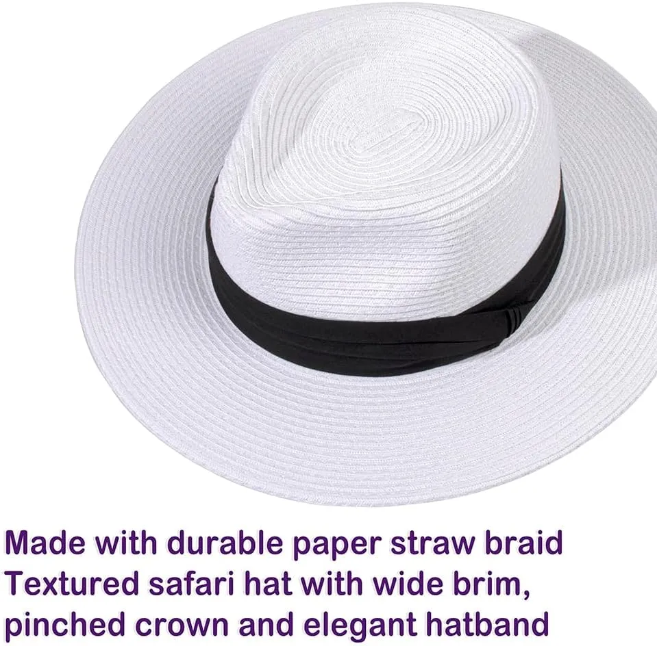 Womens Mens Wide Brim Straw Panama Hat Fedora Summer Beach Sun Hat Straw Hat Teardrop Crown with Ribbon Band