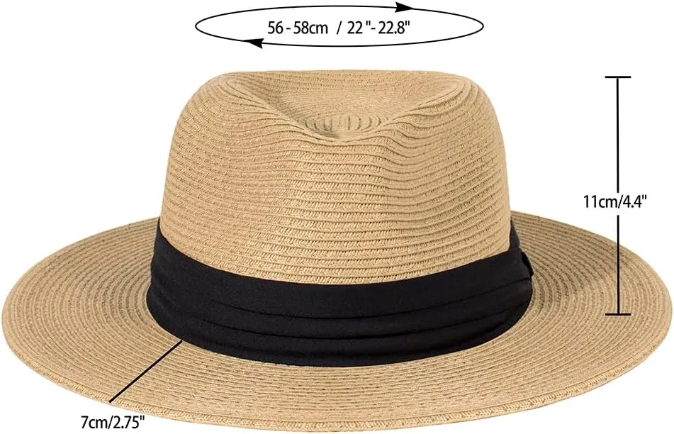 Womens Mens Wide Brim Straw Panama Hat Fedora Summer Beach Sun Hat Straw Hat Teardrop Crown with Ribbon Band