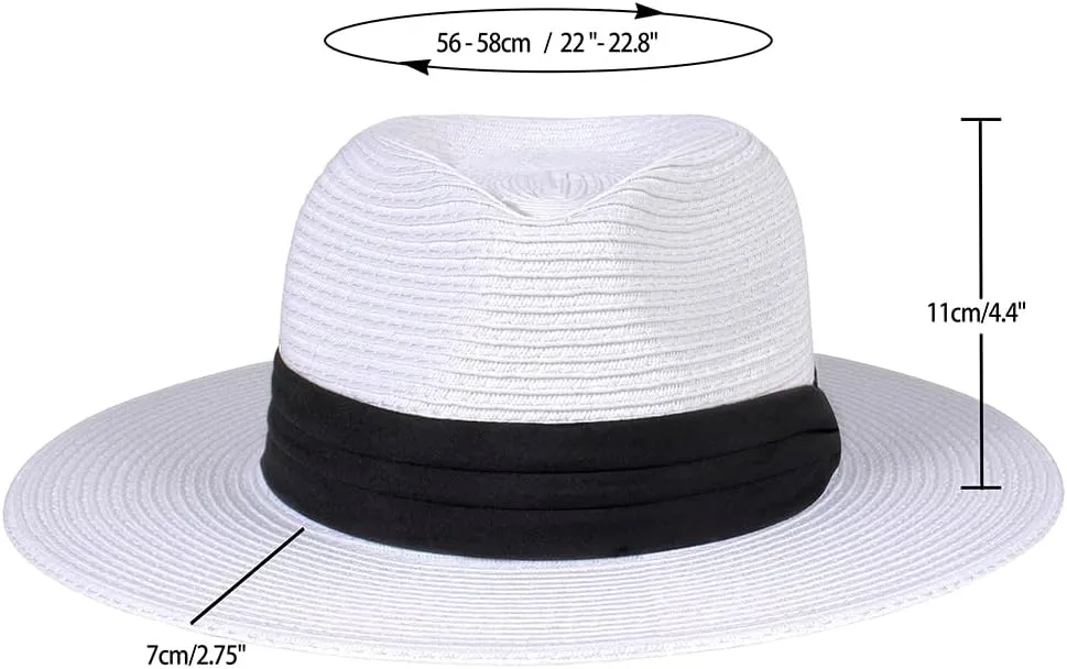 Womens Mens Wide Brim Straw Panama Hat Fedora Summer Beach Sun Hat Straw Hat Teardrop Crown with Ribbon Band