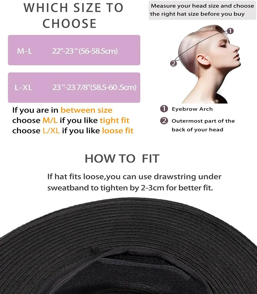 Womens Mens Wide Brim Straw Panama Hat Fedora Summer Beach Sun Hat Straw Hat Teardrop Crown with Ribbon Band