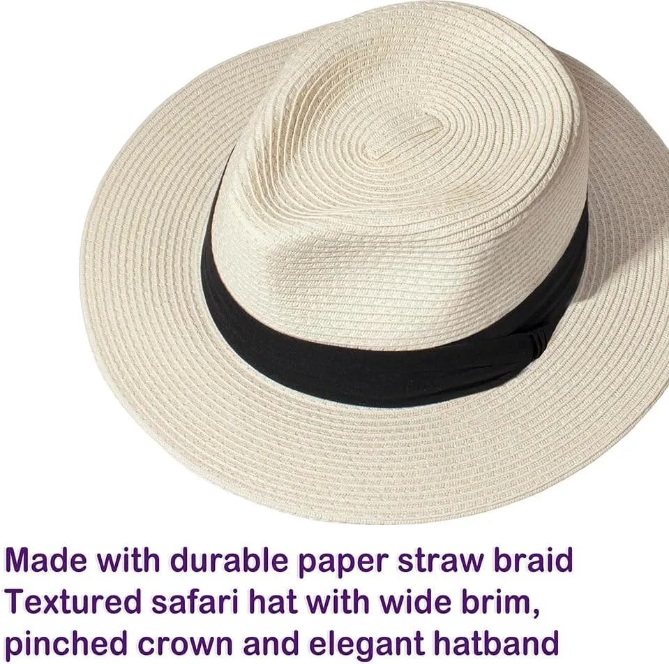 Womens Mens Wide Brim Straw Panama Hat Fedora Summer Beach Sun Hat Straw Hat Teardrop Crown with Ribbon Band