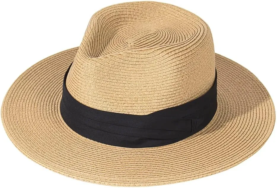 Womens Mens Wide Brim Straw Panama Hat Fedora Summer Beach Sun Hat Straw Hat Teardrop Crown with Ribbon Band