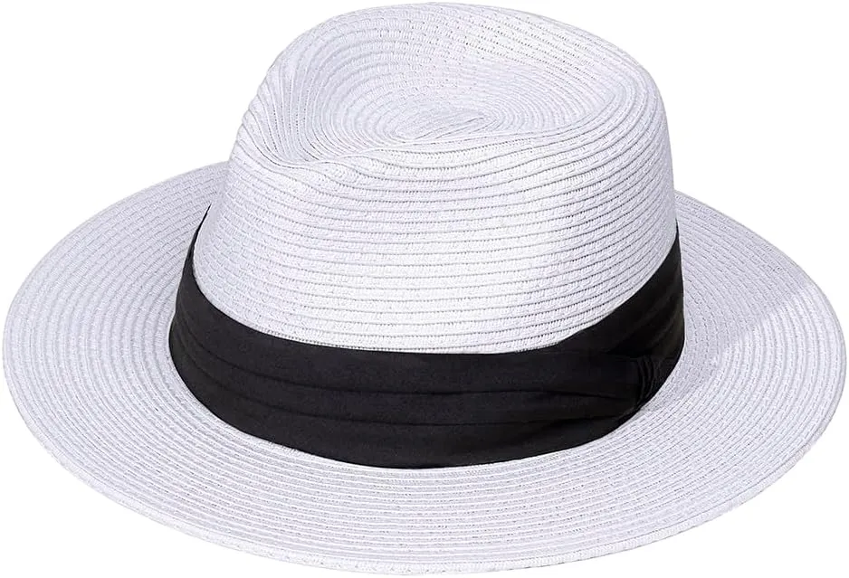 Womens Mens Wide Brim Straw Panama Hat Fedora Summer Beach Sun Hat Straw Hat Teardrop Crown with Ribbon Band