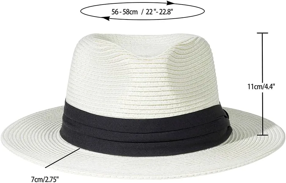 Womens Mens Wide Brim Straw Panama Hat Fedora Summer Beach Sun Hat Straw Hat Teardrop Crown with Ribbon Band