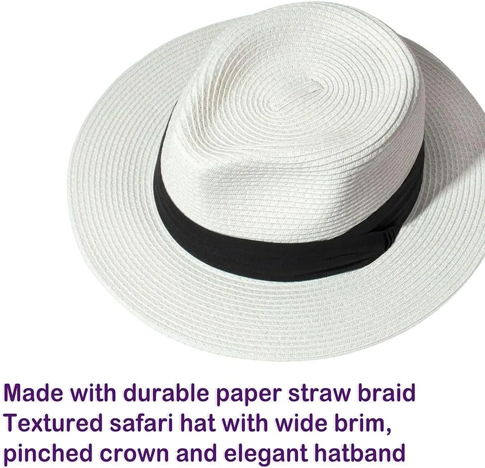 Womens Mens Wide Brim Straw Panama Hat Fedora Summer Beach Sun Hat Straw Hat Teardrop Crown with Ribbon Band