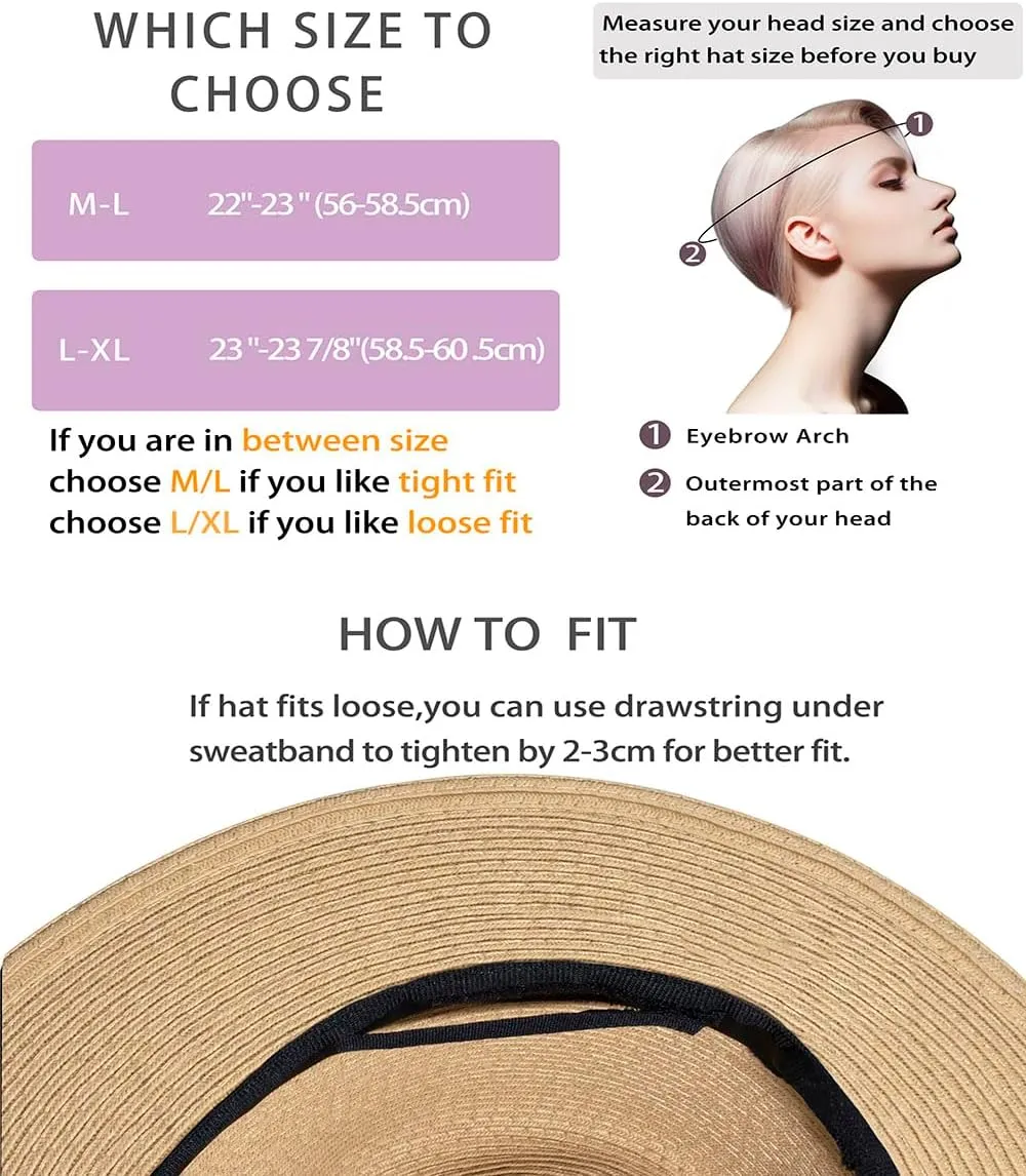Womens Mens Wide Brim Straw Panama Hat Fedora Summer Beach Sun Hat Straw Hat Teardrop Crown with Ribbon Band