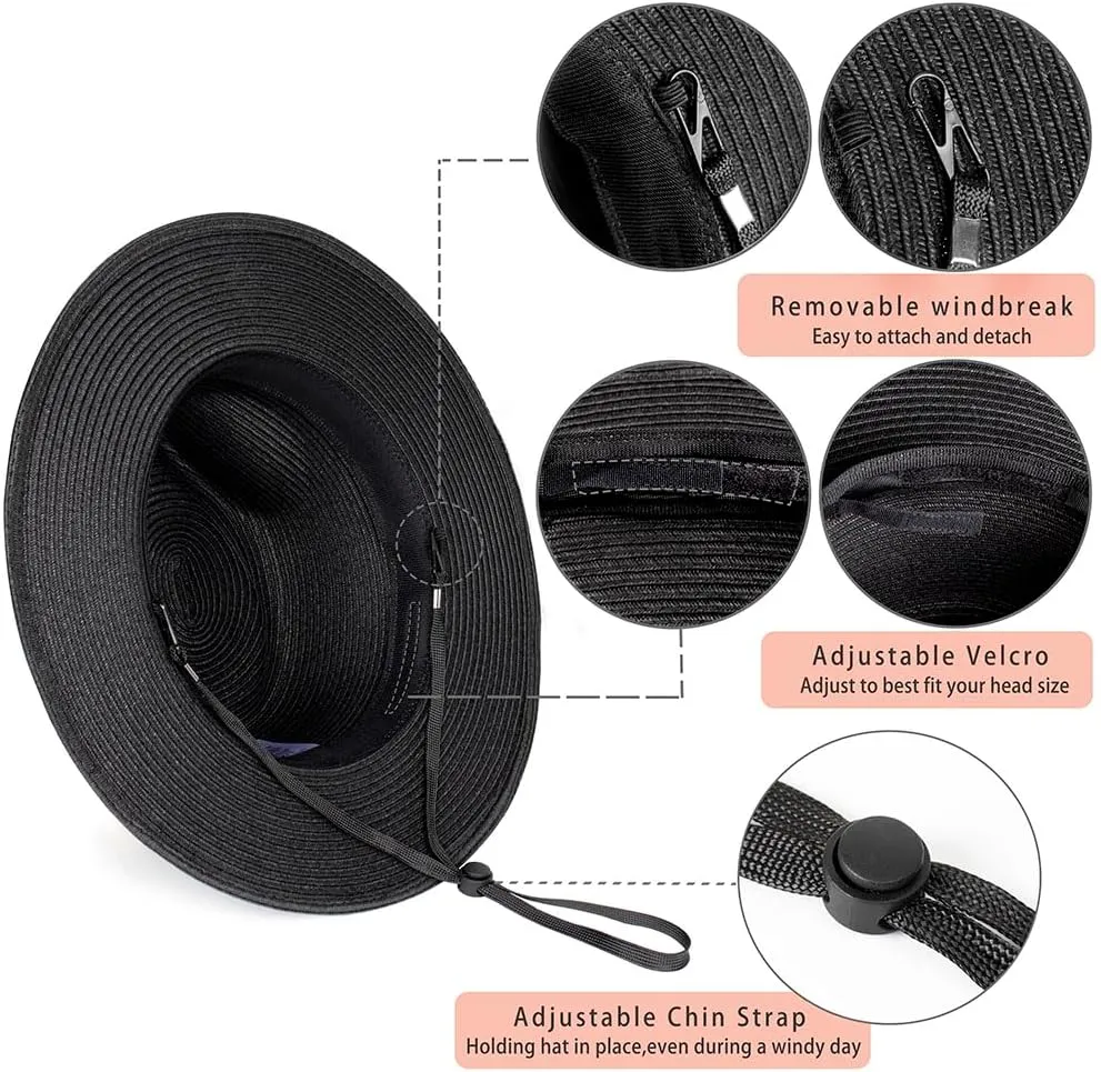 Womens Mens Wide Brim Straw Panama Hat Fedora Summer Beach Sun Hat Straw Hat Teardrop Crown with Ribbon Band