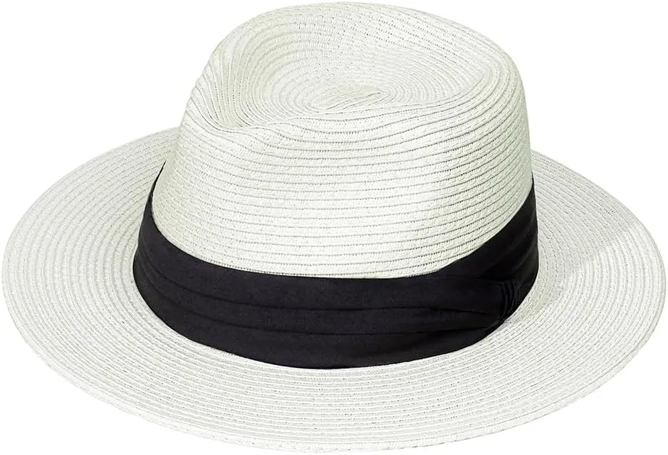 Womens Mens Wide Brim Straw Panama Hat Fedora Summer Beach Sun Hat Straw Hat Teardrop Crown with Ribbon Band
