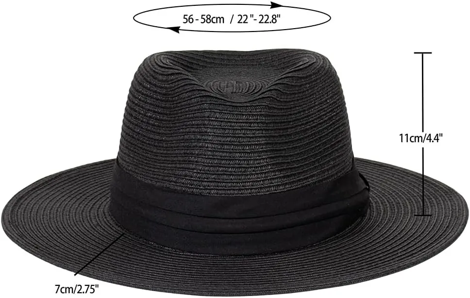 Womens Mens Wide Brim Straw Panama Hat Fedora Summer Beach Sun Hat Straw Hat Teardrop Crown with Ribbon Band