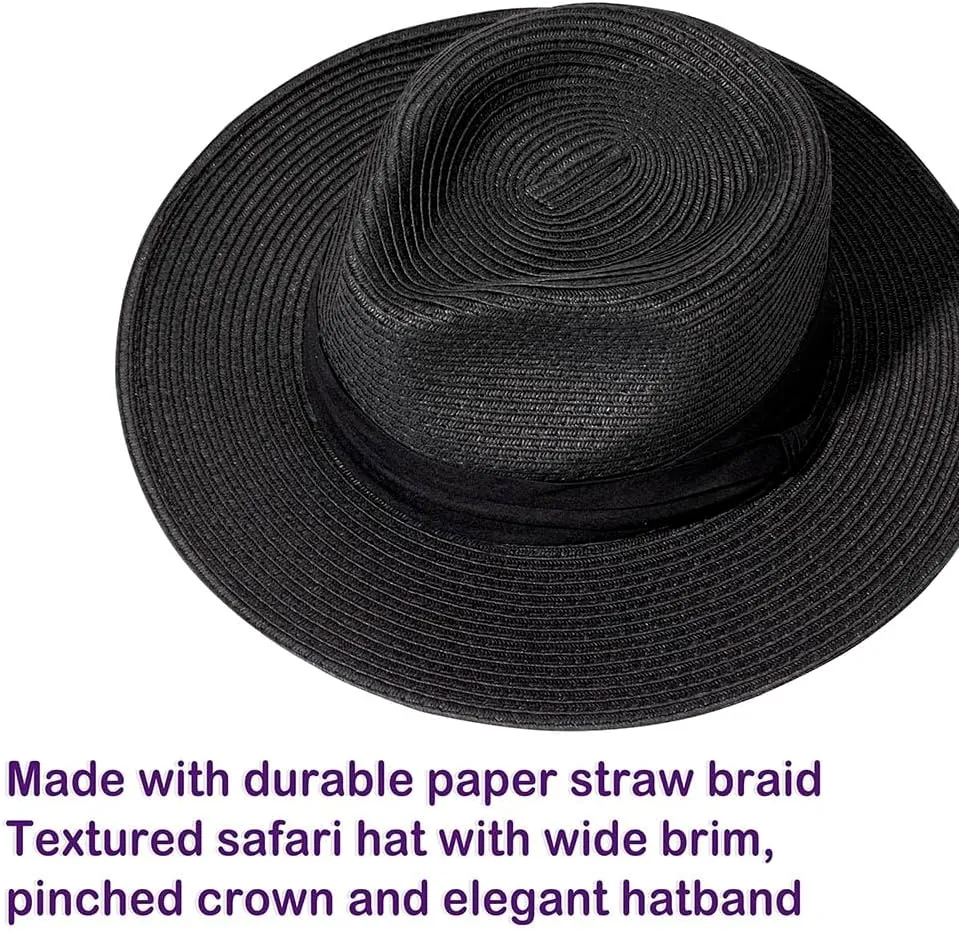 Womens Mens Wide Brim Straw Panama Hat Fedora Summer Beach Sun Hat Straw Hat Teardrop Crown with Ribbon Band