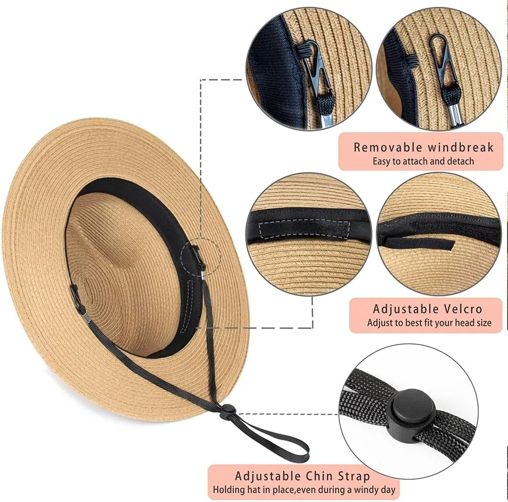 Womens Mens Wide Brim Straw Panama Hat Fedora Summer Beach Sun Hat Straw Hat Teardrop Crown with Ribbon Band