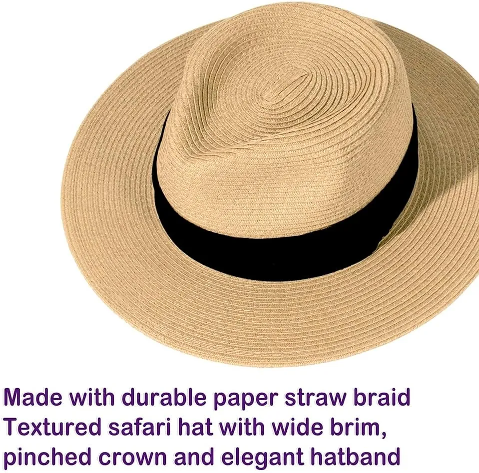Womens Mens Wide Brim Straw Panama Hat Fedora Summer Beach Sun Hat Straw Hat Teardrop Crown with Ribbon Band