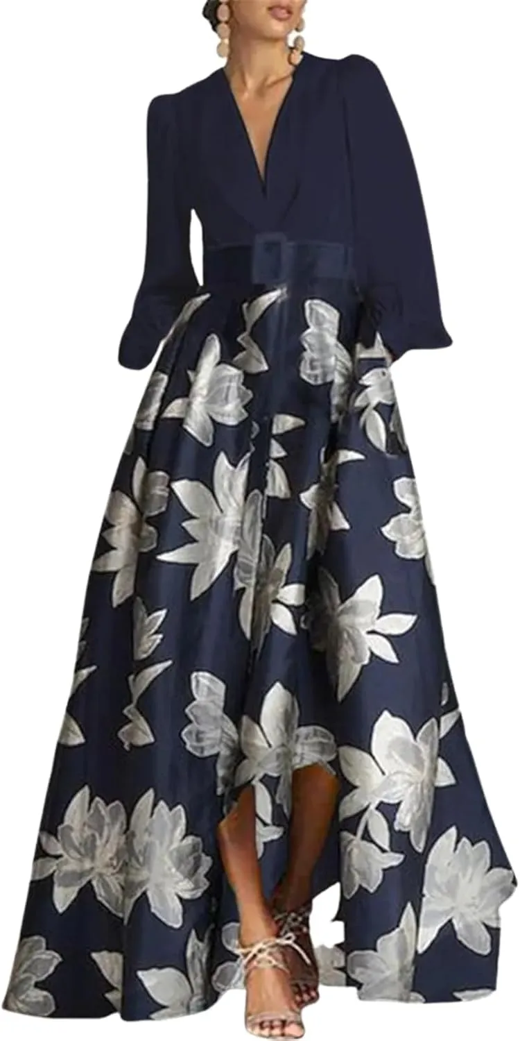 Women's Navy Blue V-Neck Long Sleeve Floral Print Maxi Dress with High Low Hem Elegant Casual Wear 2025 Spring Fashion