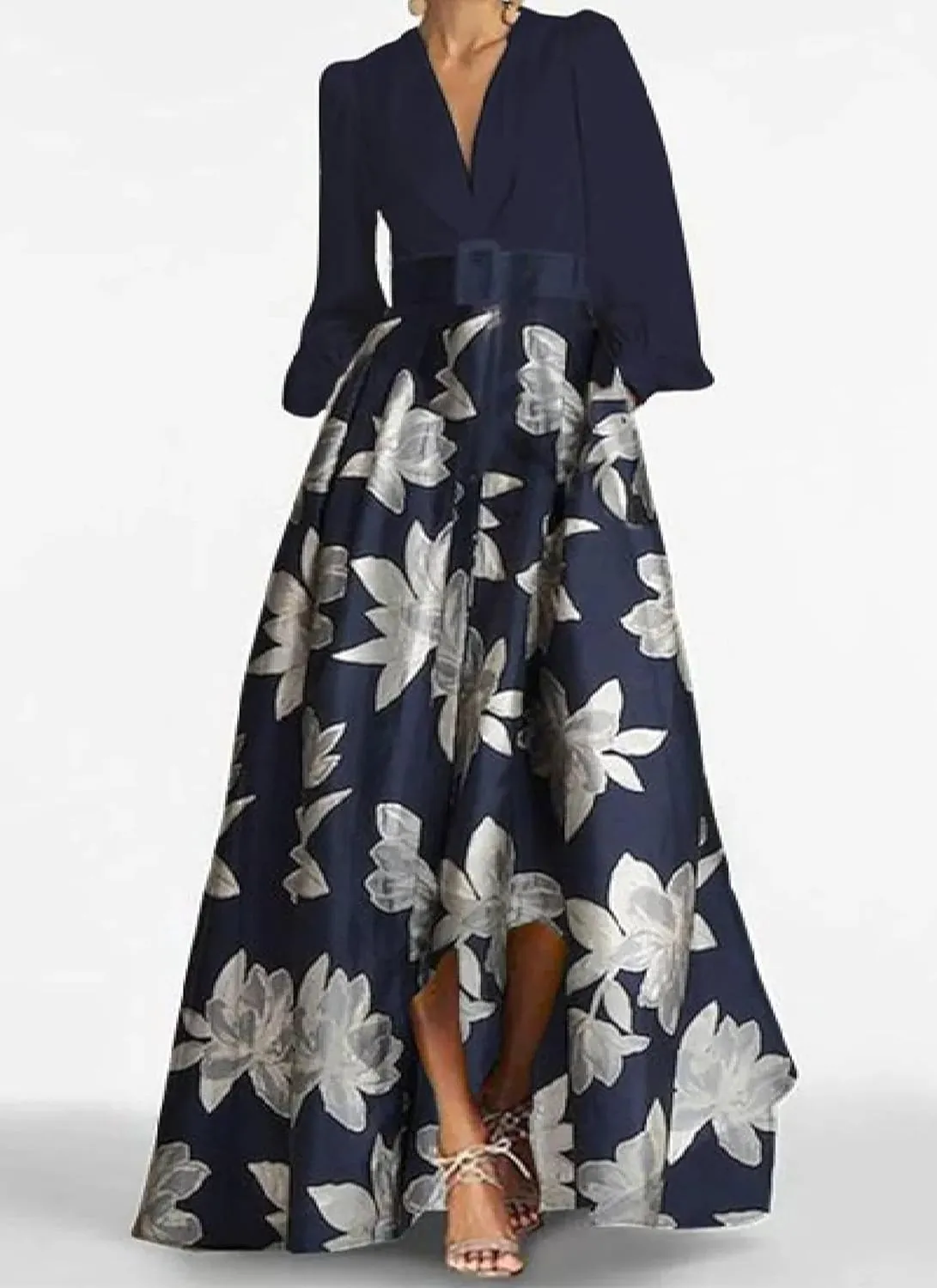Women's Navy Blue V-Neck Long Sleeve Floral Print Maxi Dress with High Low Hem Elegant Casual Wear 2025 Spring Fashion