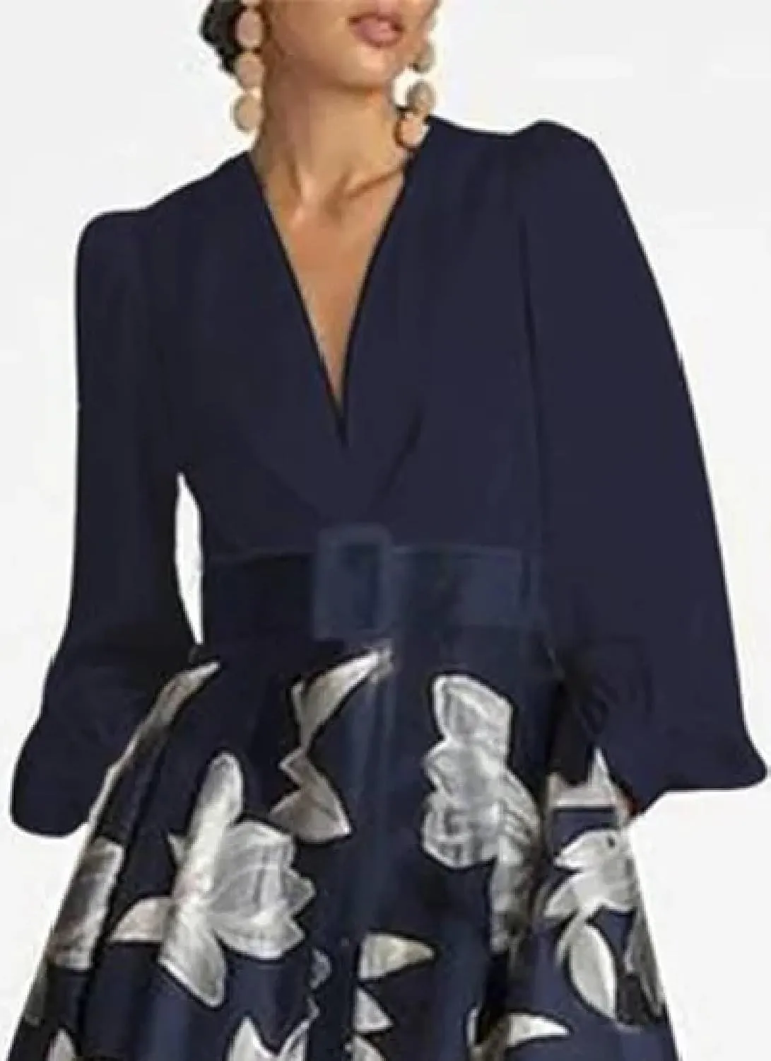 Women's Navy Blue V-Neck Long Sleeve Floral Print Maxi Dress with High Low Hem Elegant Casual Wear 2025 Spring Fashion