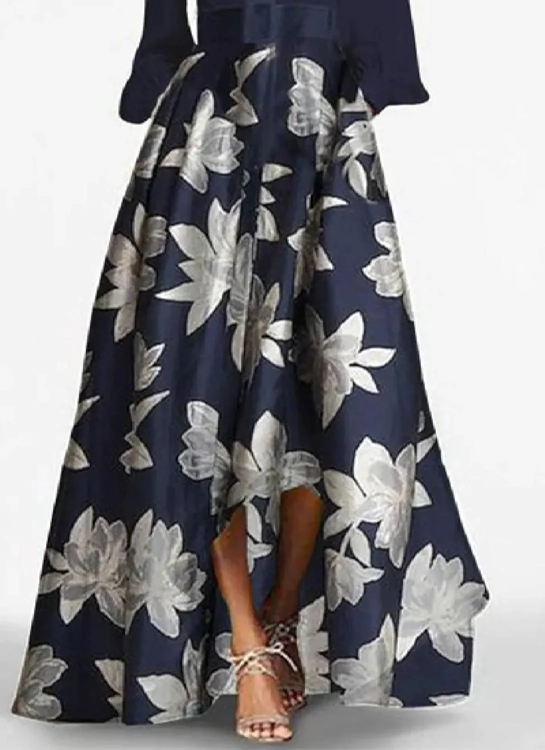 Women's Navy Blue V-Neck Long Sleeve Floral Print Maxi Dress with High Low Hem Elegant Casual Wear 2025 Spring Fashion
