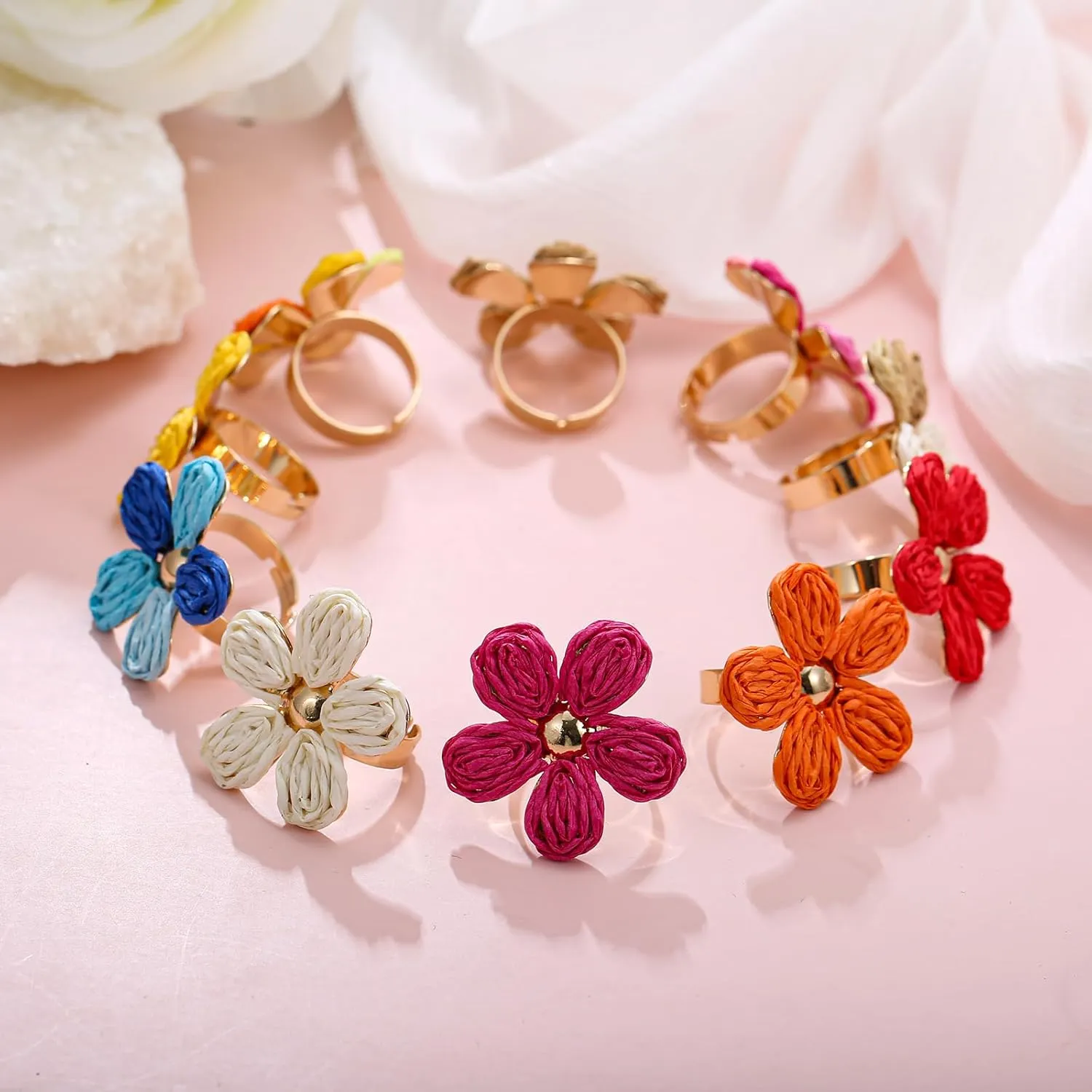 Women's Raffia Flower Ring, Handmade Adjustable Spring Summer Jewelry